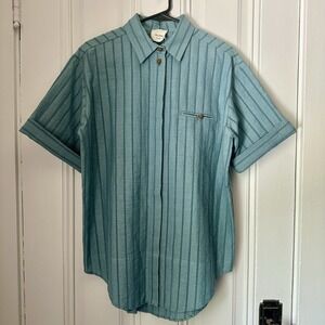 ALYSI Cotton Blend Short Sleeve Long Length Button Front Teal Green Shirt Sz 4